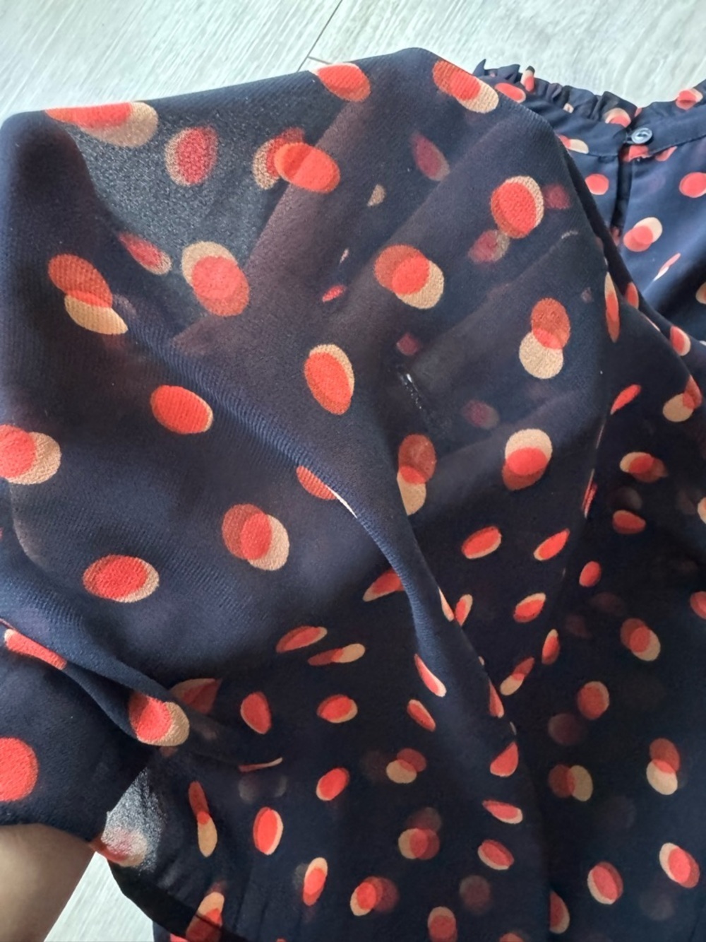 Maeve Navy Top with Coral Red Polka Dots - Picture 3 of 3